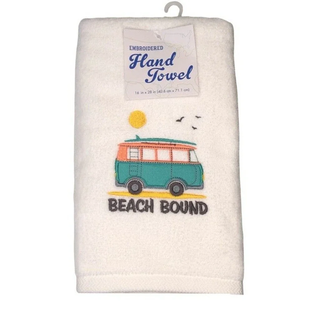 Hippie Bus Hand Towels Set of 2 Embroidered Summer Beach Bound Surfboard White